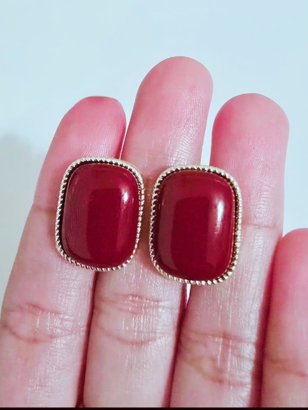 Gold-Trim Red Stone Stud Earrings - Women‎ Jewelry